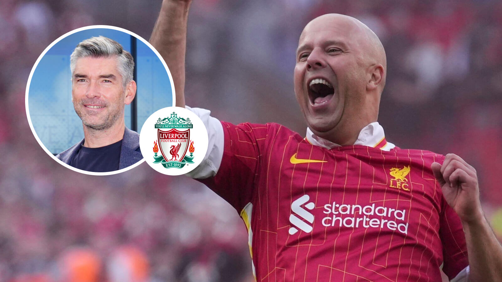 Richard Hughes, Liverpool badge and Arne Slot - copyright TEAMtalk