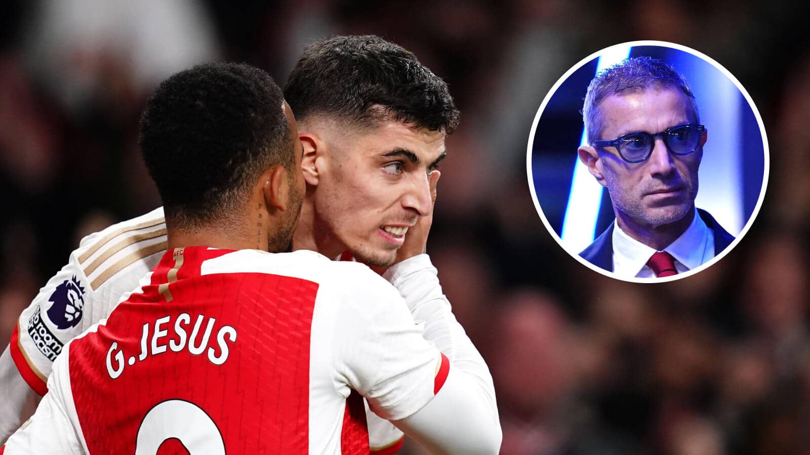 Arsenal forwards Kai Havertz and Gabriel Jesus, and inset, sporting director Andrea Berta