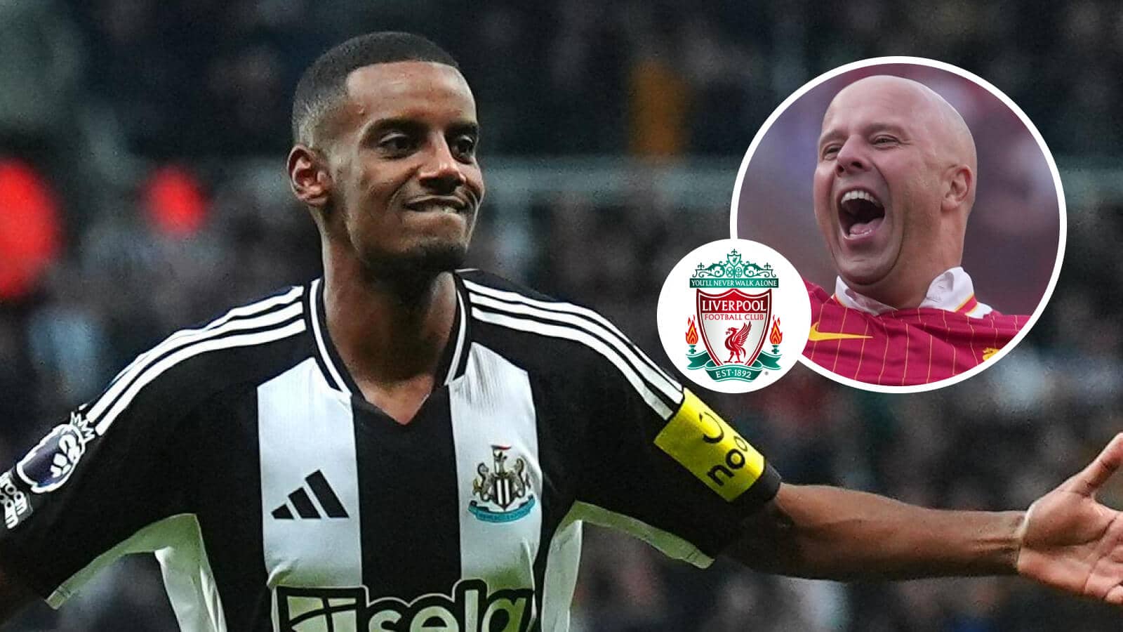 Newcastle United striker Alexander Isak, Liverpool badge and Arne Slot - copyright TEAMtalk