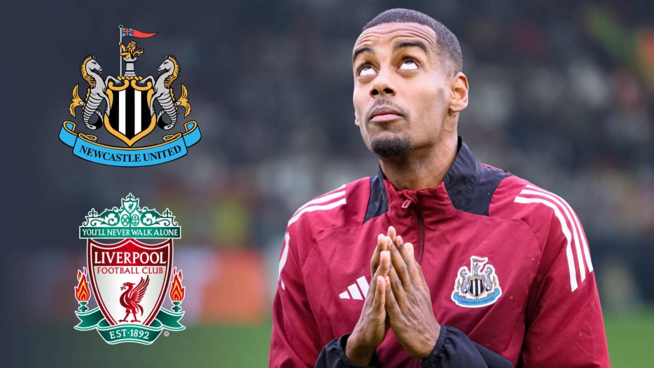 Alexander Isak next to the badges of Newcastle United and Liverpool