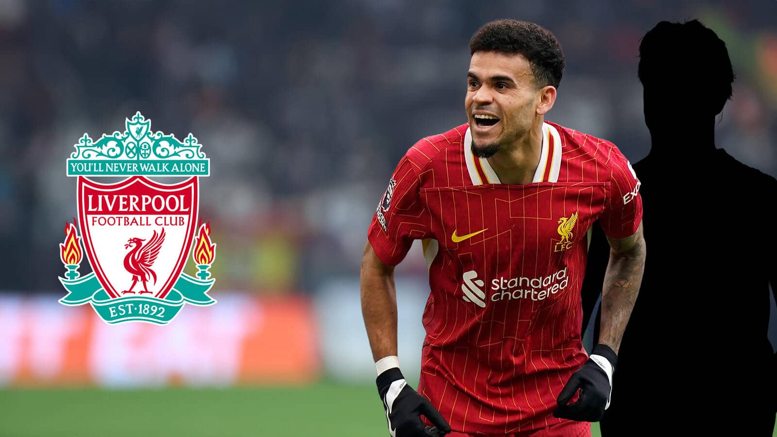Liverpool badge, Luis Diaz and a silhouette - copyright TEAMtalk