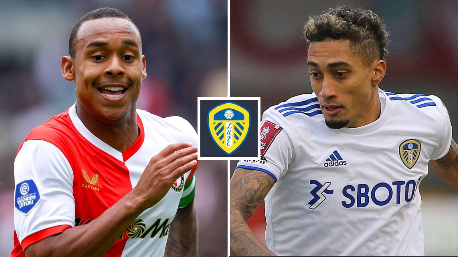 Feyenoord's Igor Paixao and former Leeds winger Raphinha either side of the Leeds badge