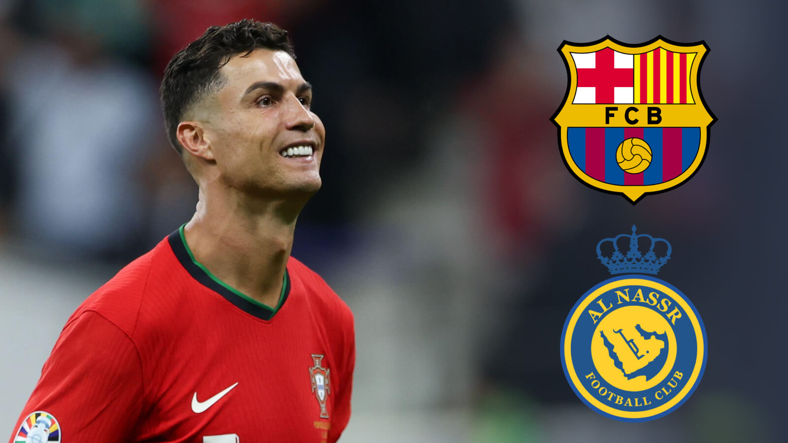 Cristiano Ronaldo with Barcelona, Al-Nassr badges