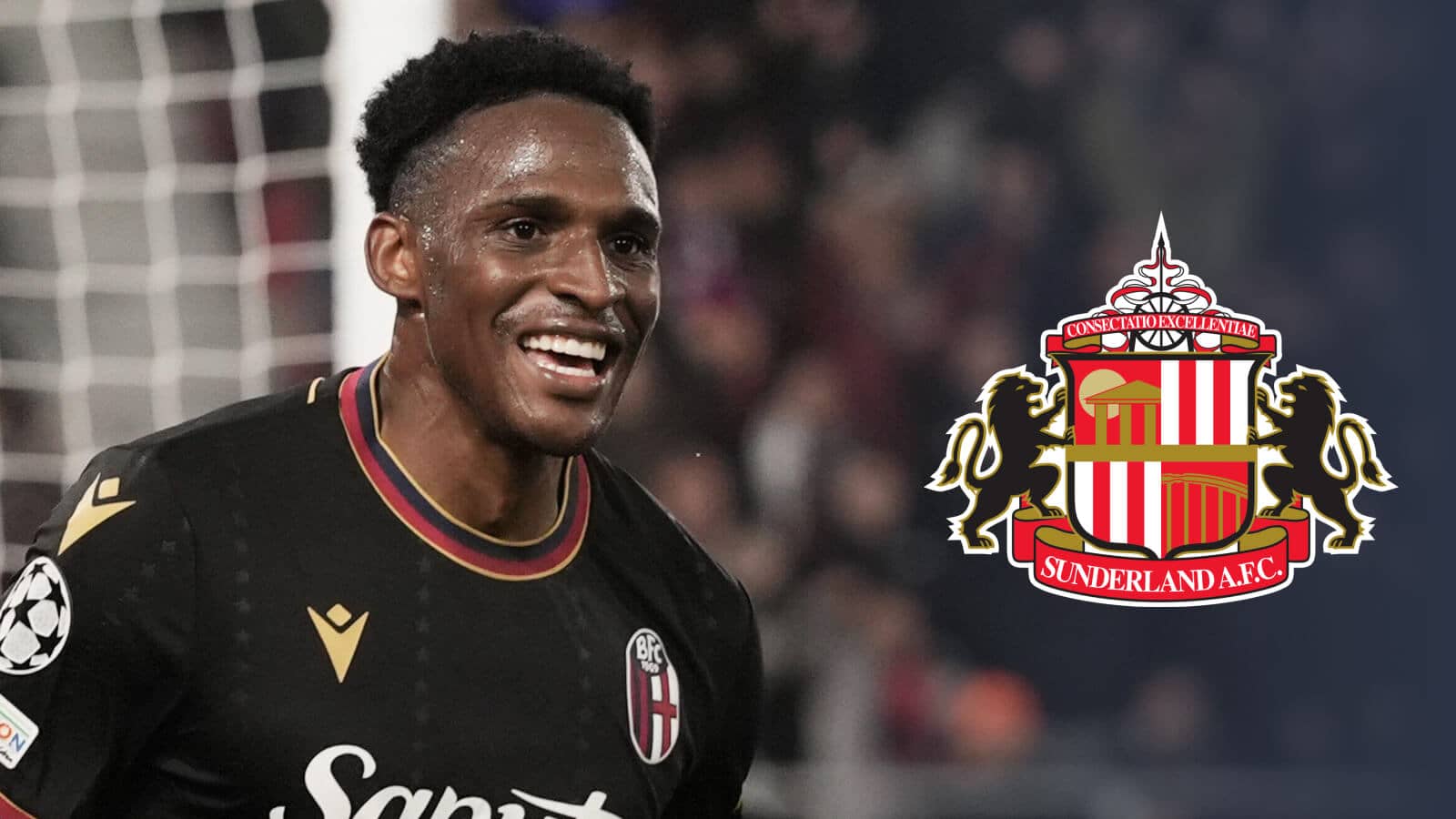 Bologna centre-back Jhon Lucumi next to the Sunderland badge - copyright TEAMtalk
