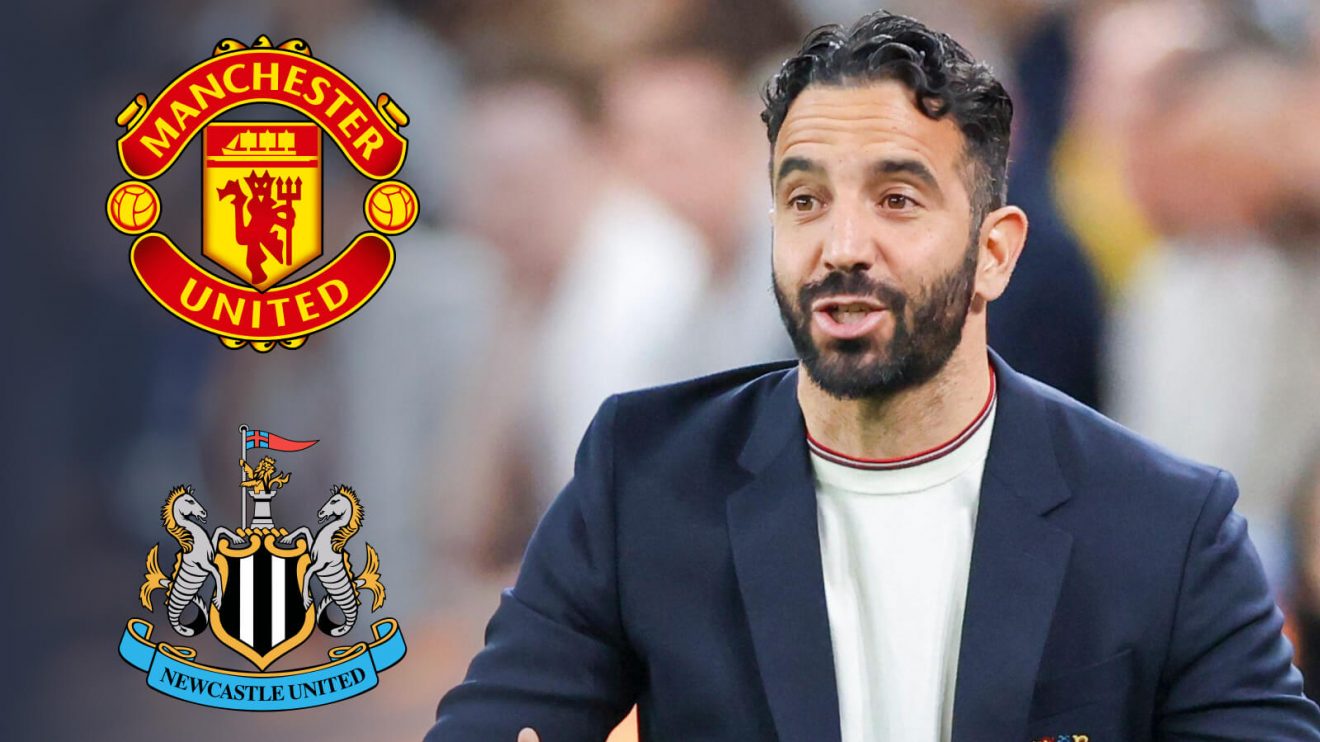 Ruben Amorim with Man Utd and Newcastle badges