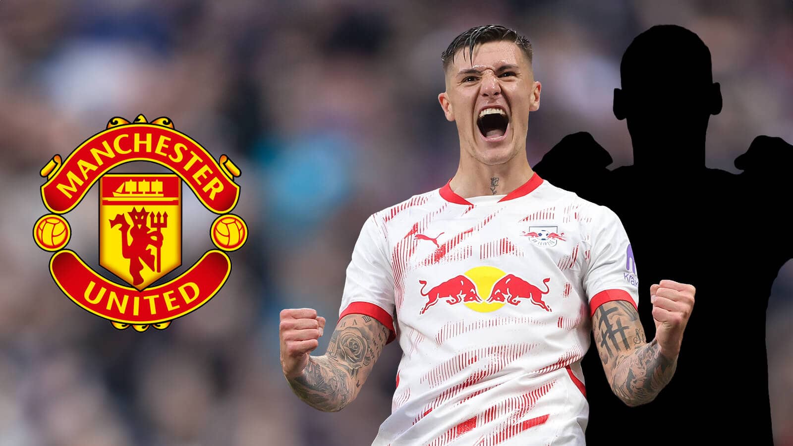 RB Leipzig star Benjamin Sesko and silhouette of another player, with a Manchester United badge