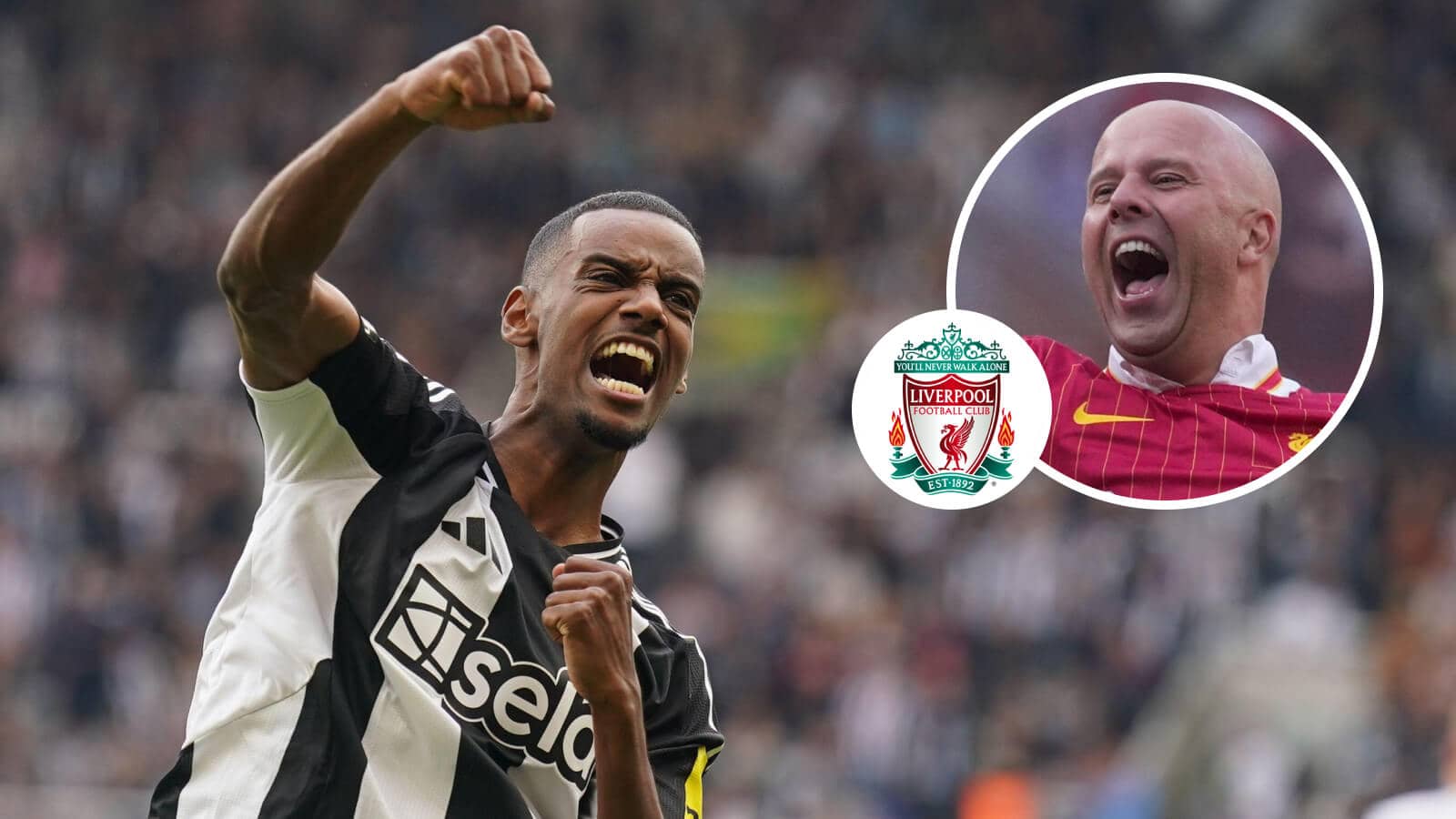 Newcastle United striker Alexander Isak, Liverpool badge and Arne Slot - copyright TEAMtalk