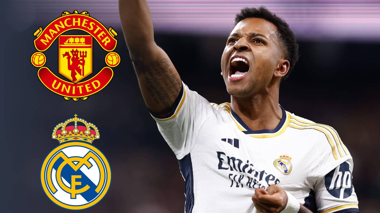 Real Madrid forward Rodrygo next to the Manchester United and Real Madrid badges - copyright TEAMtalk