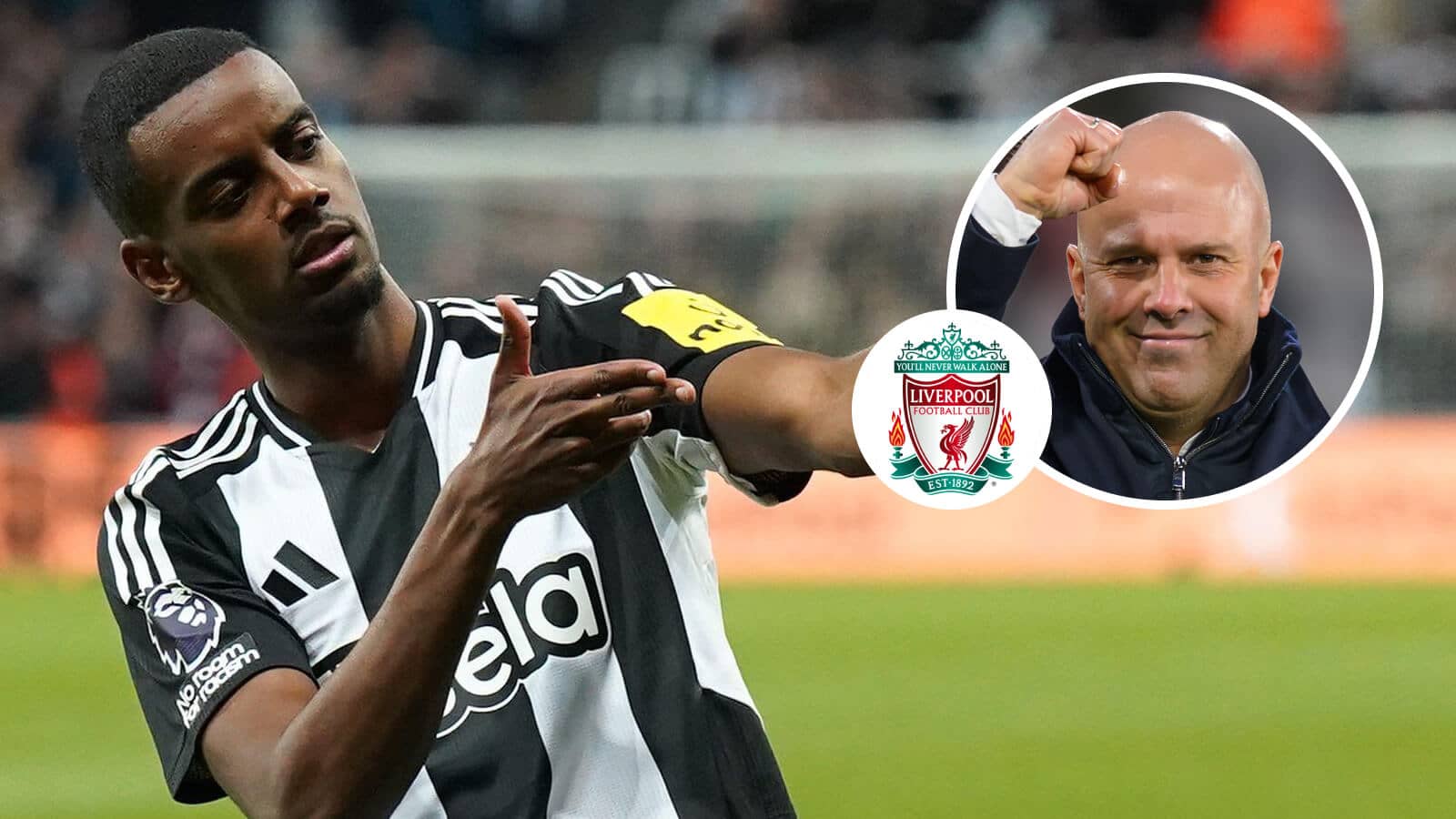 Newcastle United striker Alexander Isak, Liverpool badge and Arne Slot - copyright TEAMtalk