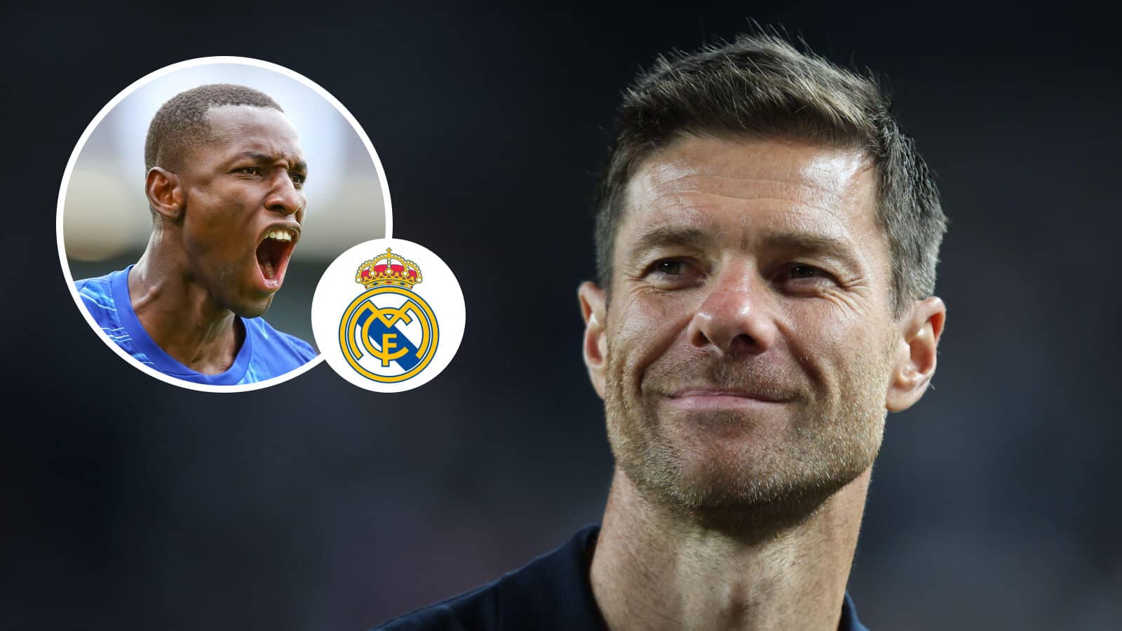 Chelsea striker Nicolas Jackson, Real Madrid badge and Xabi Alonso - copyright TEAMtalk
