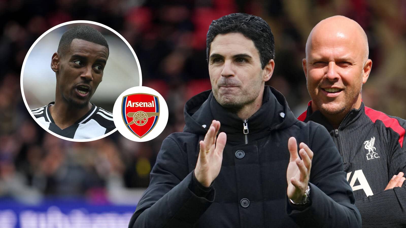 Alexander Isak, Arsenal badge, Mikel Arteta and Arne Slot - copyright TEAMtalk