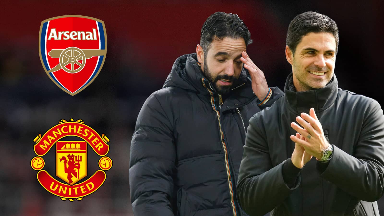 Ruben Amorim and Mikel Arteta next to the Arsenal and Man Utd badges - copyright TEAMtalk