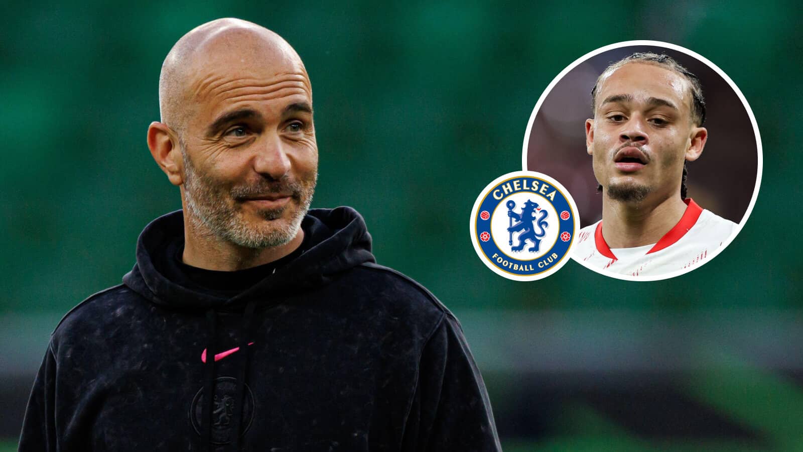 Enzo Maresca, Chelsea badge and RB Leipzig playmaker Xavi Simons - copyright TEAMtalk