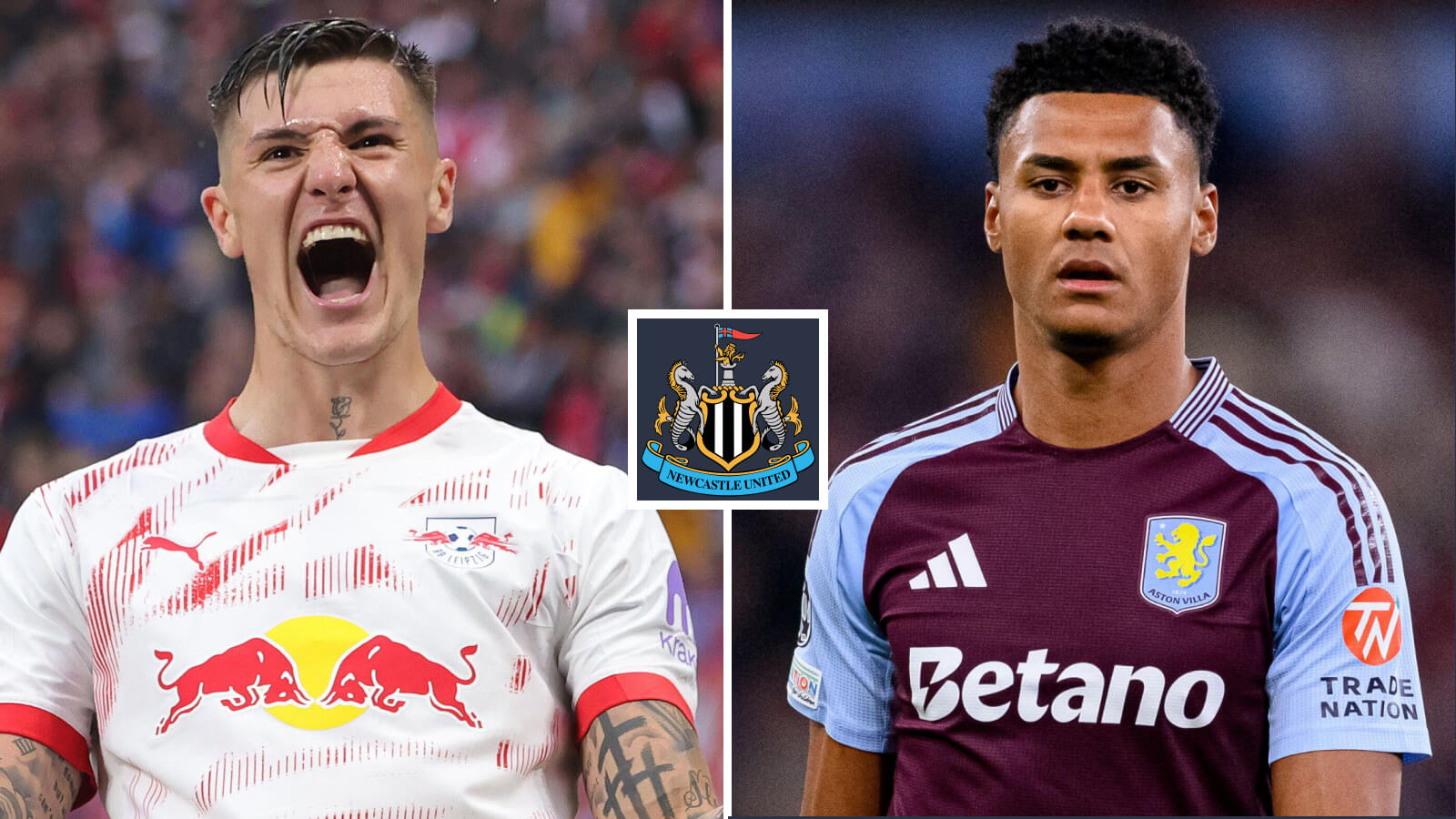 Benjamin Sesko and Ollie Watkins with the Newcastle badge