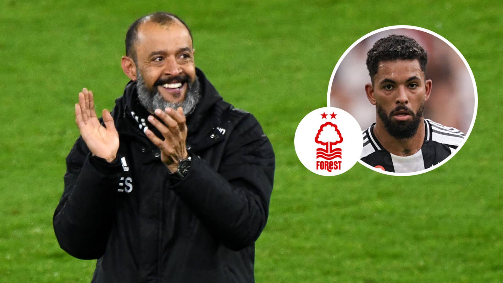 Nuno, Nottingham Forest badge and Juventus midfielder Douglas Luiz - copyright TEAMtalk