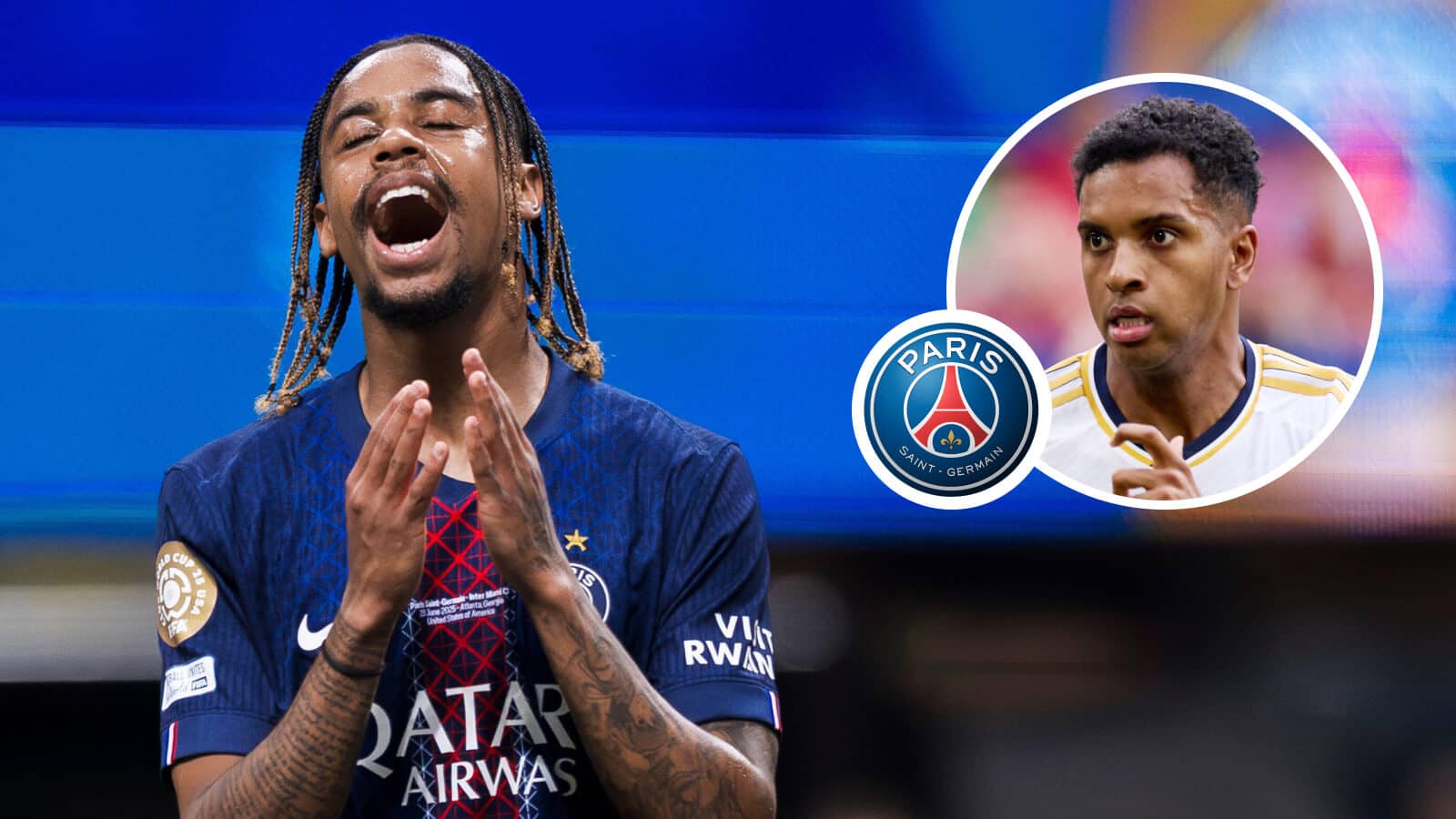 Liverpool target Bradley Barcola, Paris Saint-Germain badge and Real Madrid forward Rodrygo - copyright TEAMtalk