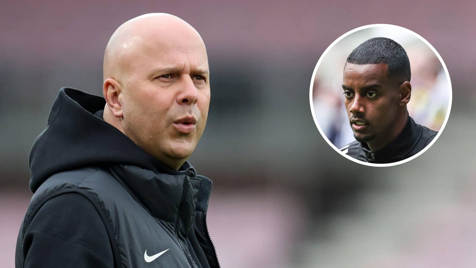 Liverpool manager Arne Slot, alongside Newcastle striker Alexander Isak