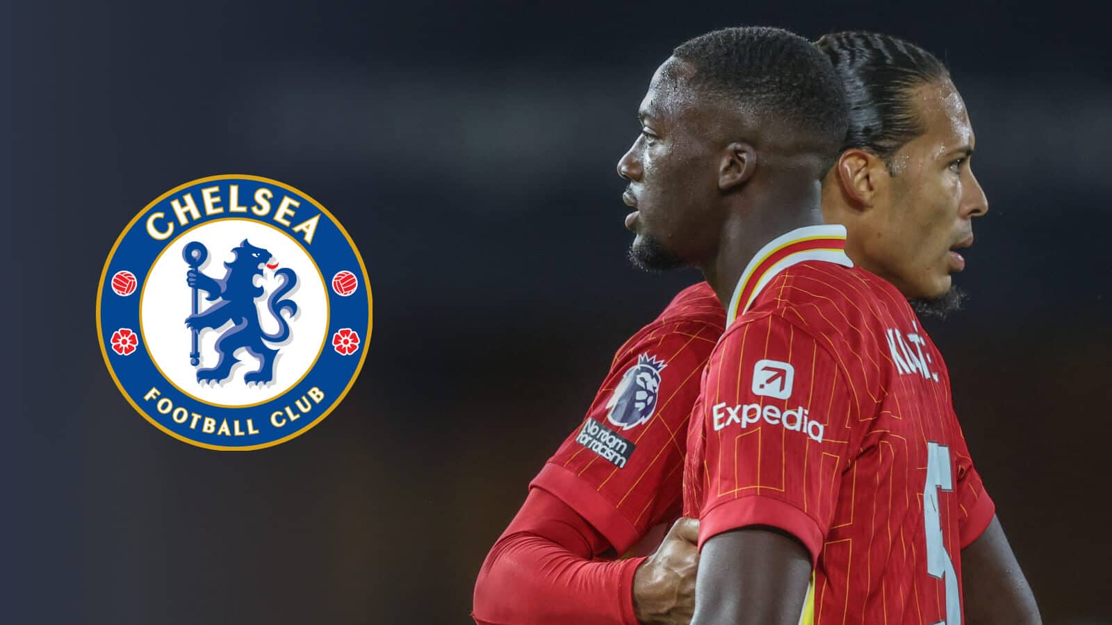 Liverpool defenders Virgil van DIjk and Ibrahima Konate next to the Chelsea badge - copyright TEAMtalk