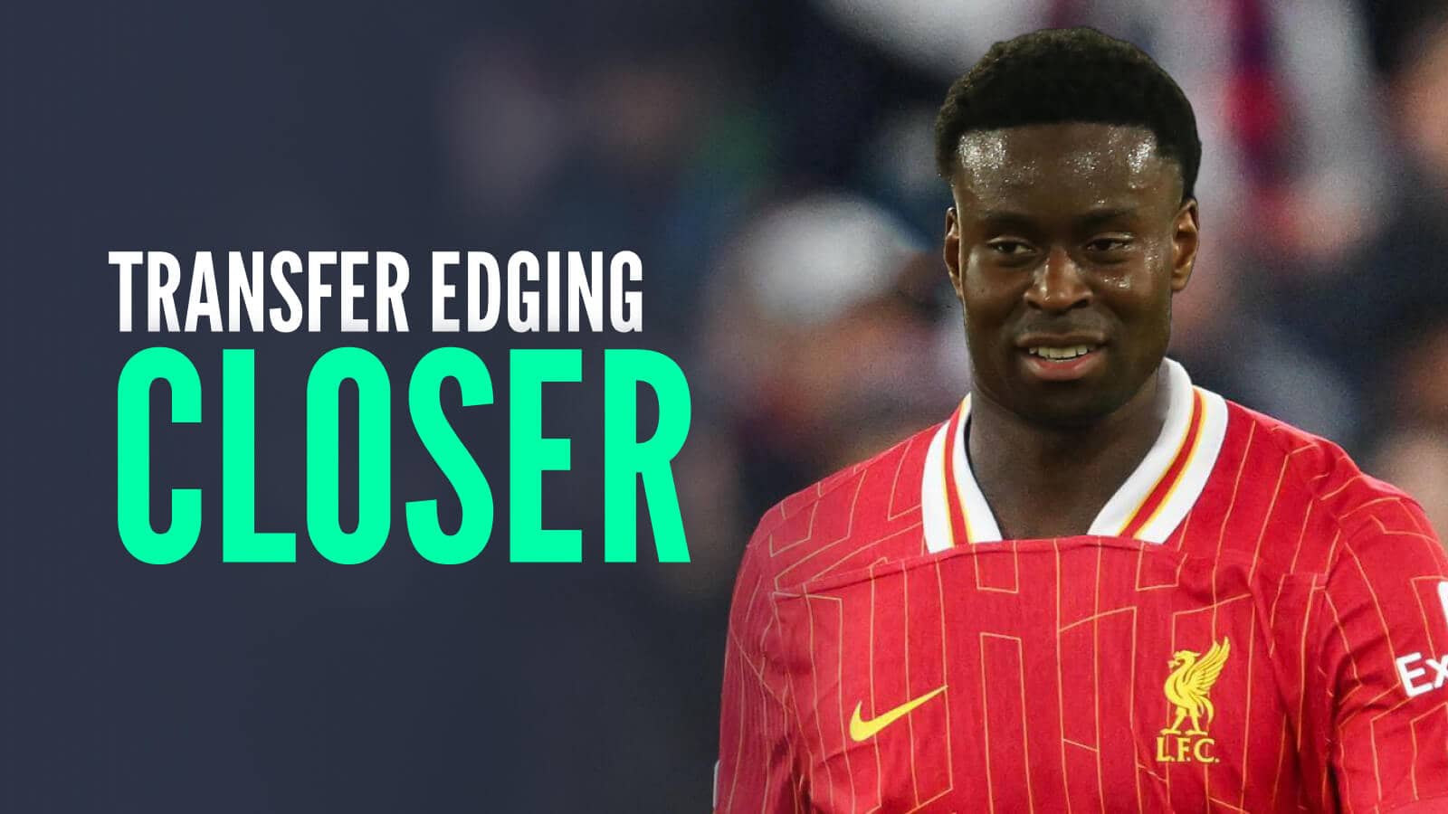 Crystal Palace defender Marc Guehi with a Liverpool shirt Photoshopped on him and the words 'transfer edging closer'