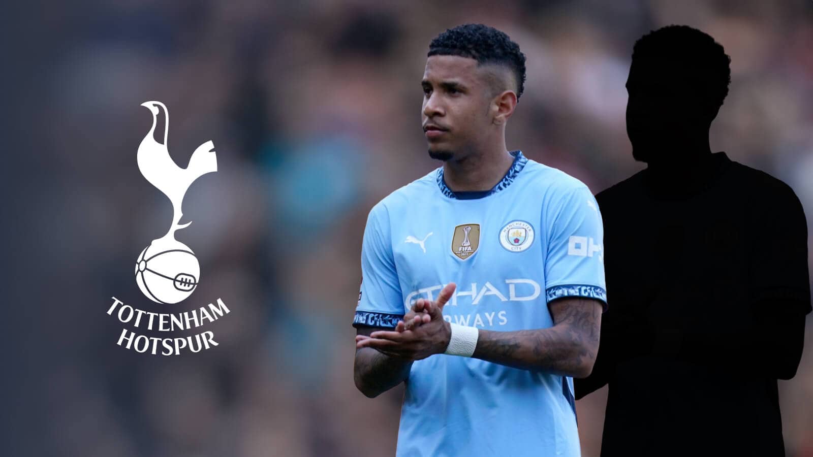 Tottenham Hotspur badge, Manchester City winger Savinho and a shadow behind him - copyright TEANtalk