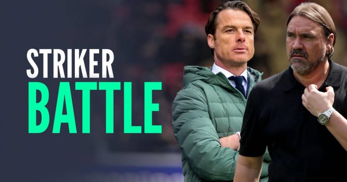 Burnley manager Scott Parker and Leeds boss Daniel Farke, with caption: Striker battle