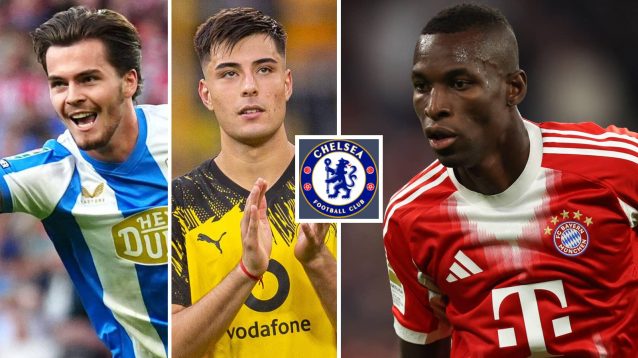 Leo Castledine at Huddersfield Town, Aaron Anselmino at Borussia Dortmund and Nicolas Jackson at Bayern Munich, with the Chelsea badge