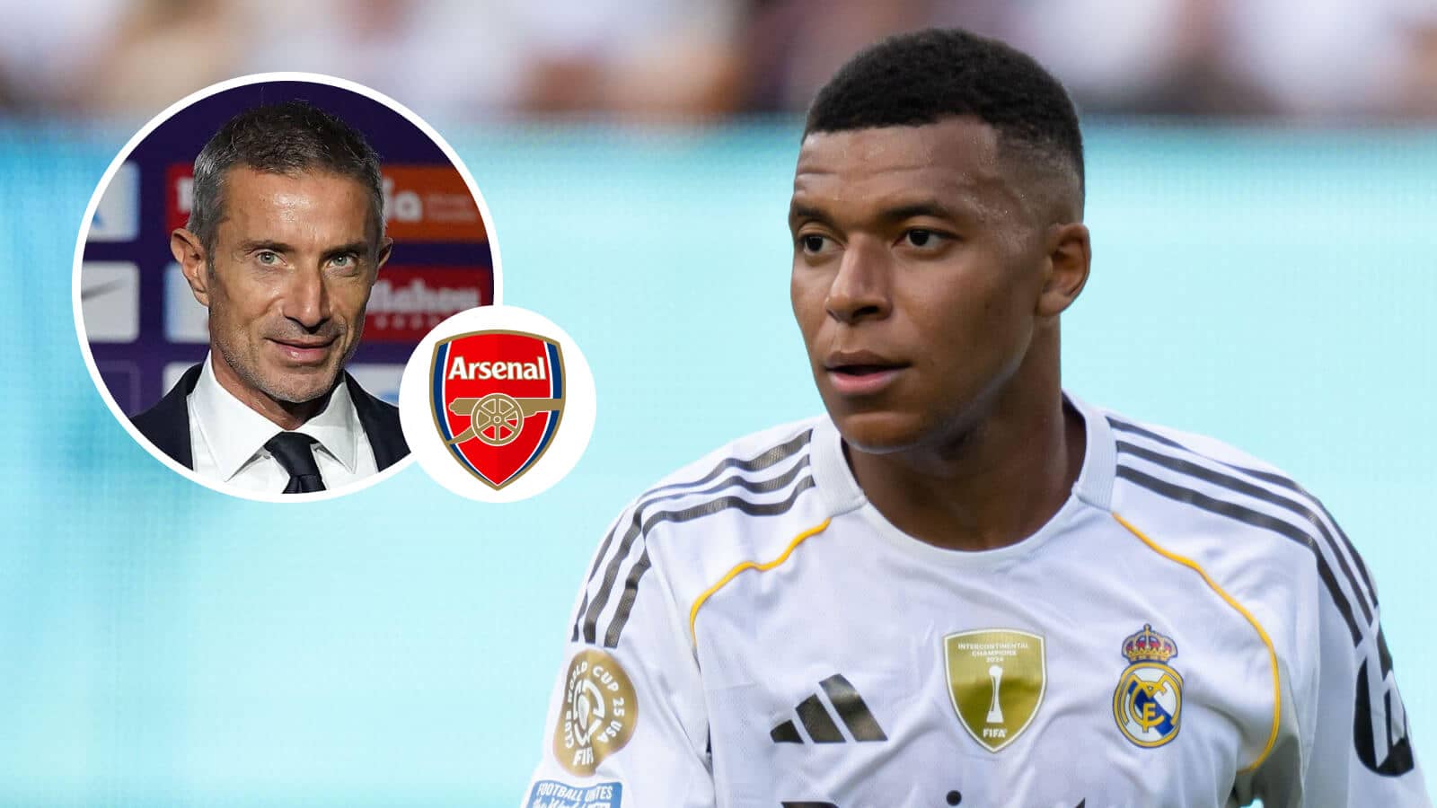 Andrea Berta, Arsenal badge and Real Madrid forward Kylian Mbappe - copyright TEAMtalk