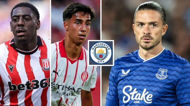Divin Mubama at Stoke City, Vitor Reis at Girona and Jack Grealish at Everton, pictured with the Manchester City badge