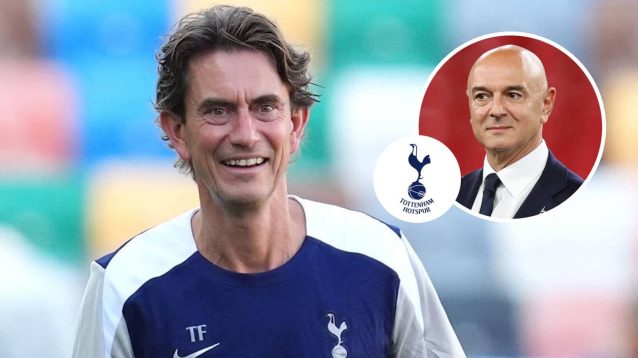 Thomas Frank, Tottenham Hotspur badge and Daniel Levy - copyright TEAMtalk