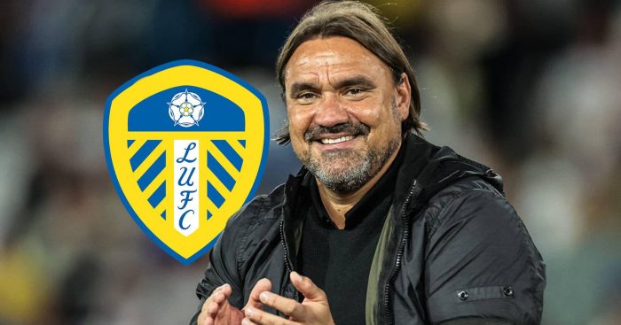Daniel Farke next to the Leeds United badge - copyright TEAMtalk