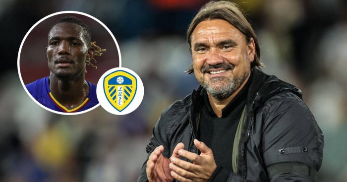 Getafe striker Christantus Uche, Leeds United badge, and Daniel Farke - copyright TEAMtalk
