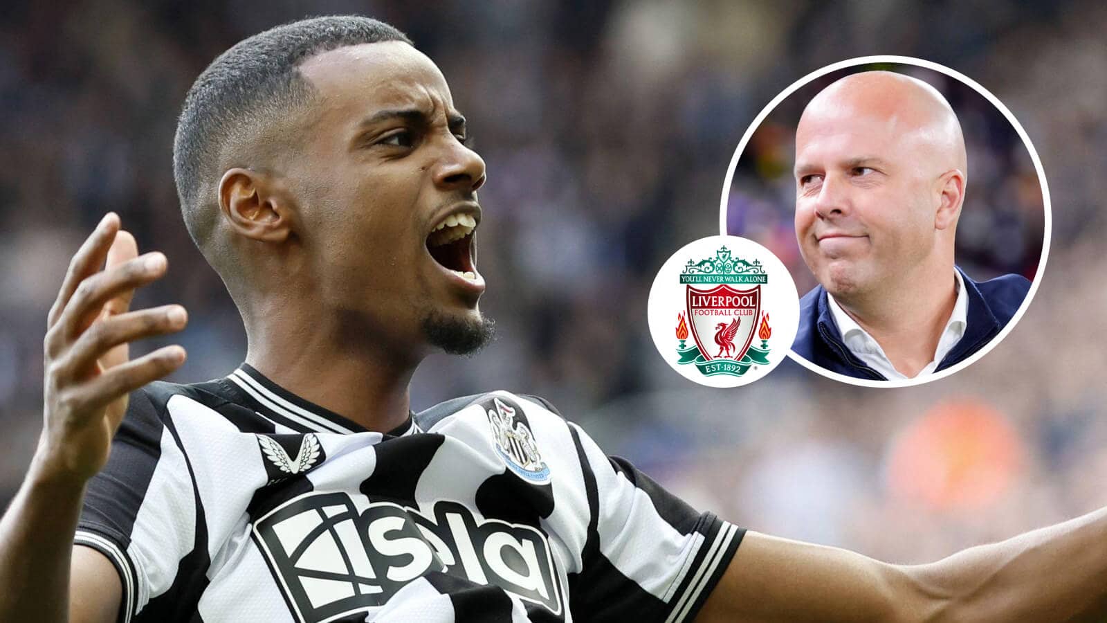 Newcastle United striker Alexander Isak, Liverpool badge and Arne Slot - copyright TEAMtalk