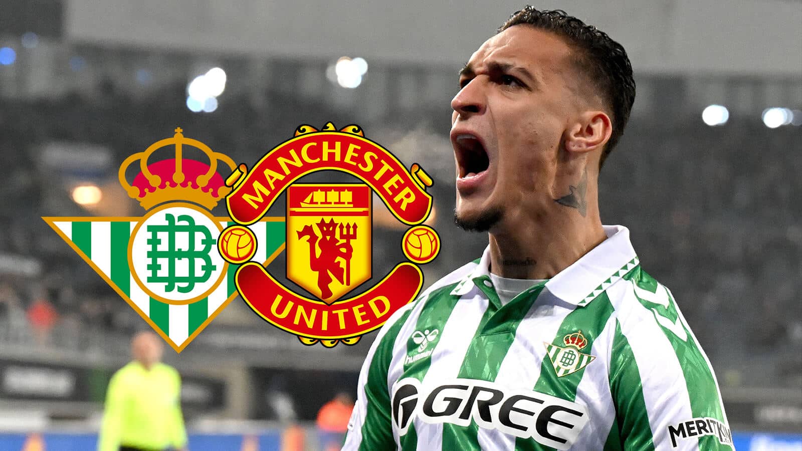 Antony next to the Real Betis and Manchester United badges - copyright TEAMtalk