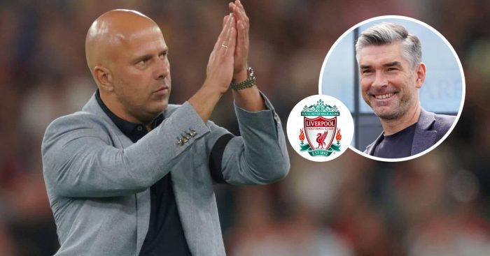 Arne Slot, Liverpool badge and Richard Hughes - copyright TEAMtalk