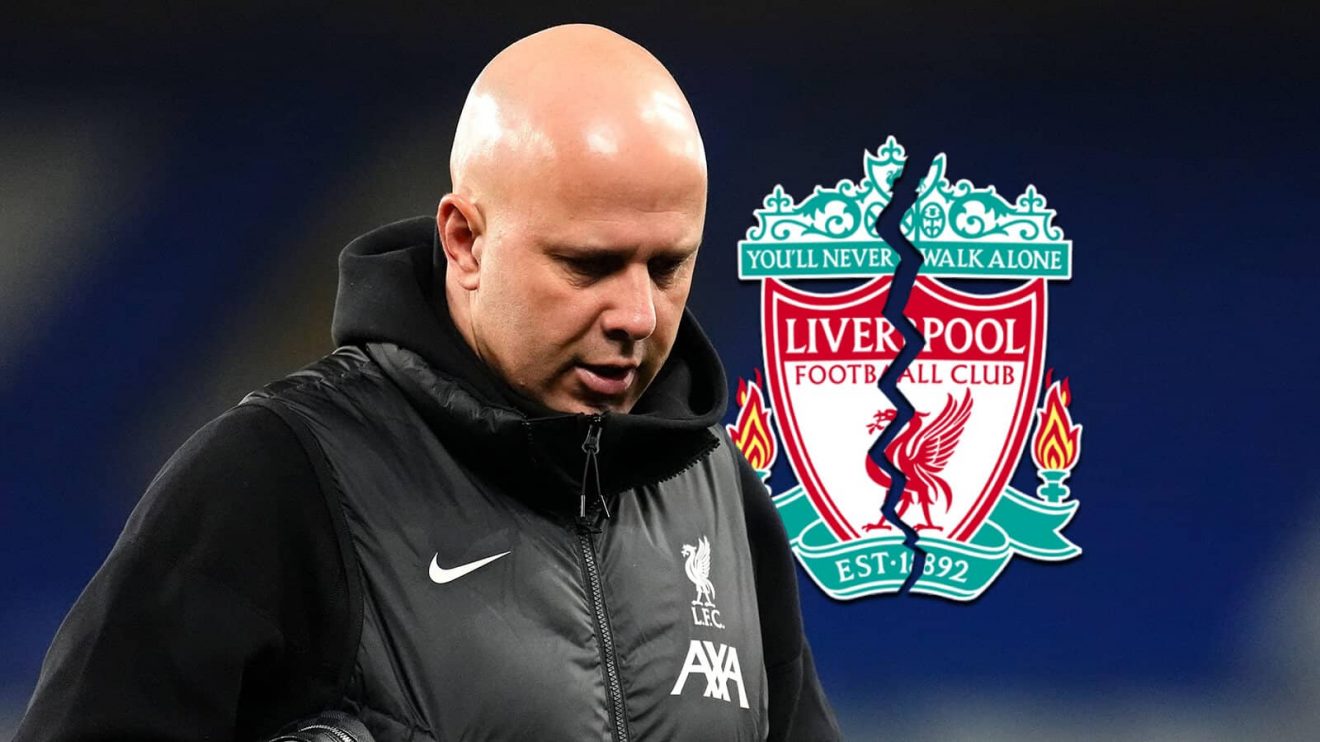 Arne Slot next to a broken Liverpool badge - copyright TEAMtalk