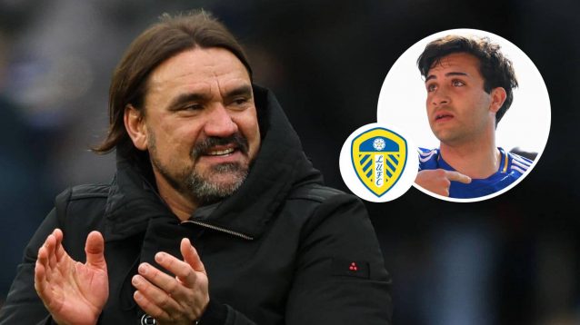 Daniel Farke, Leeds United badge and Chelsea-bound Facundo Buonanotte - copyright TEAMtalk