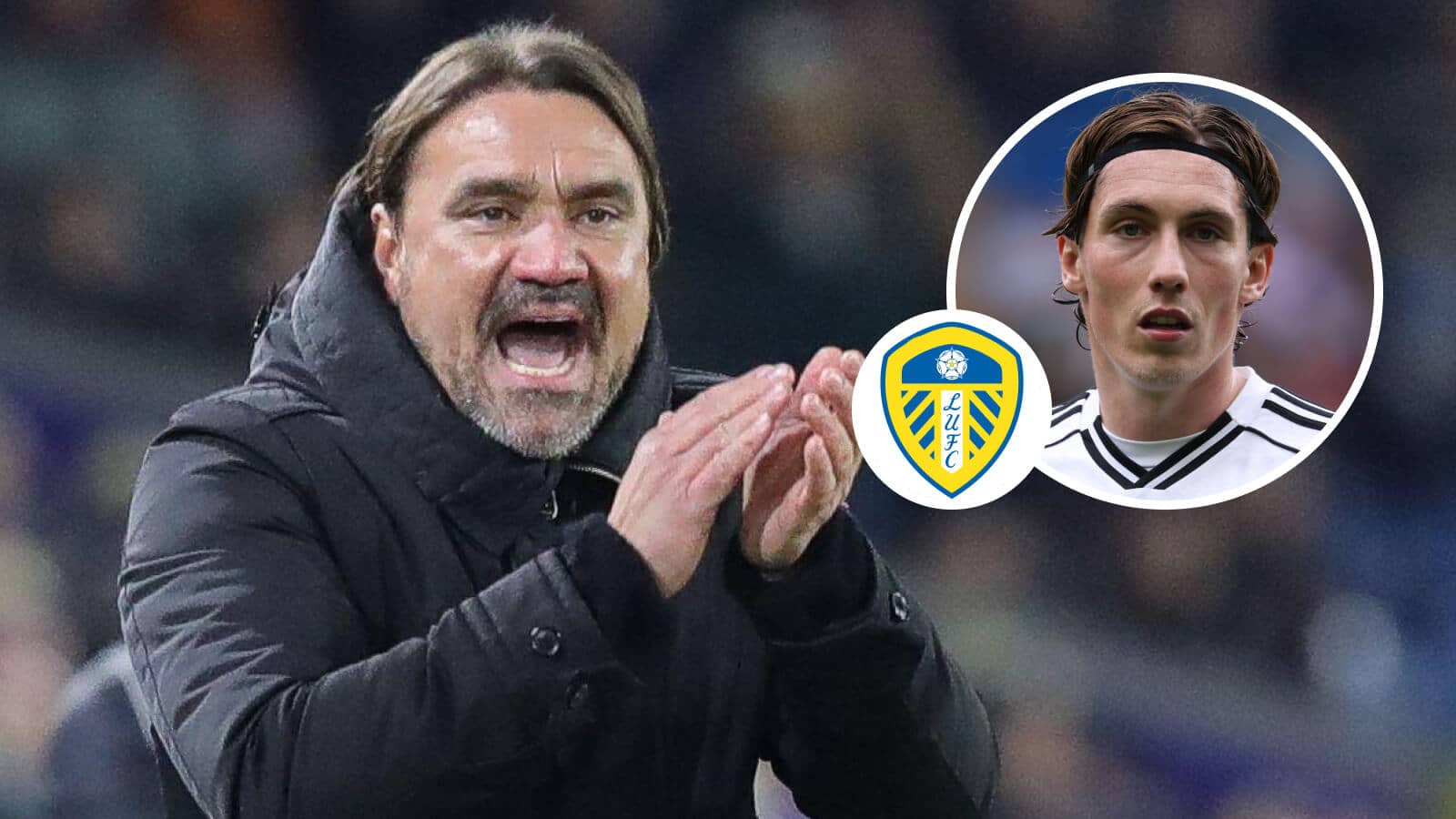 Leeds manager Daniel Farke and, inset, Fulham's Harry Wilson next to the Leeds United club crest