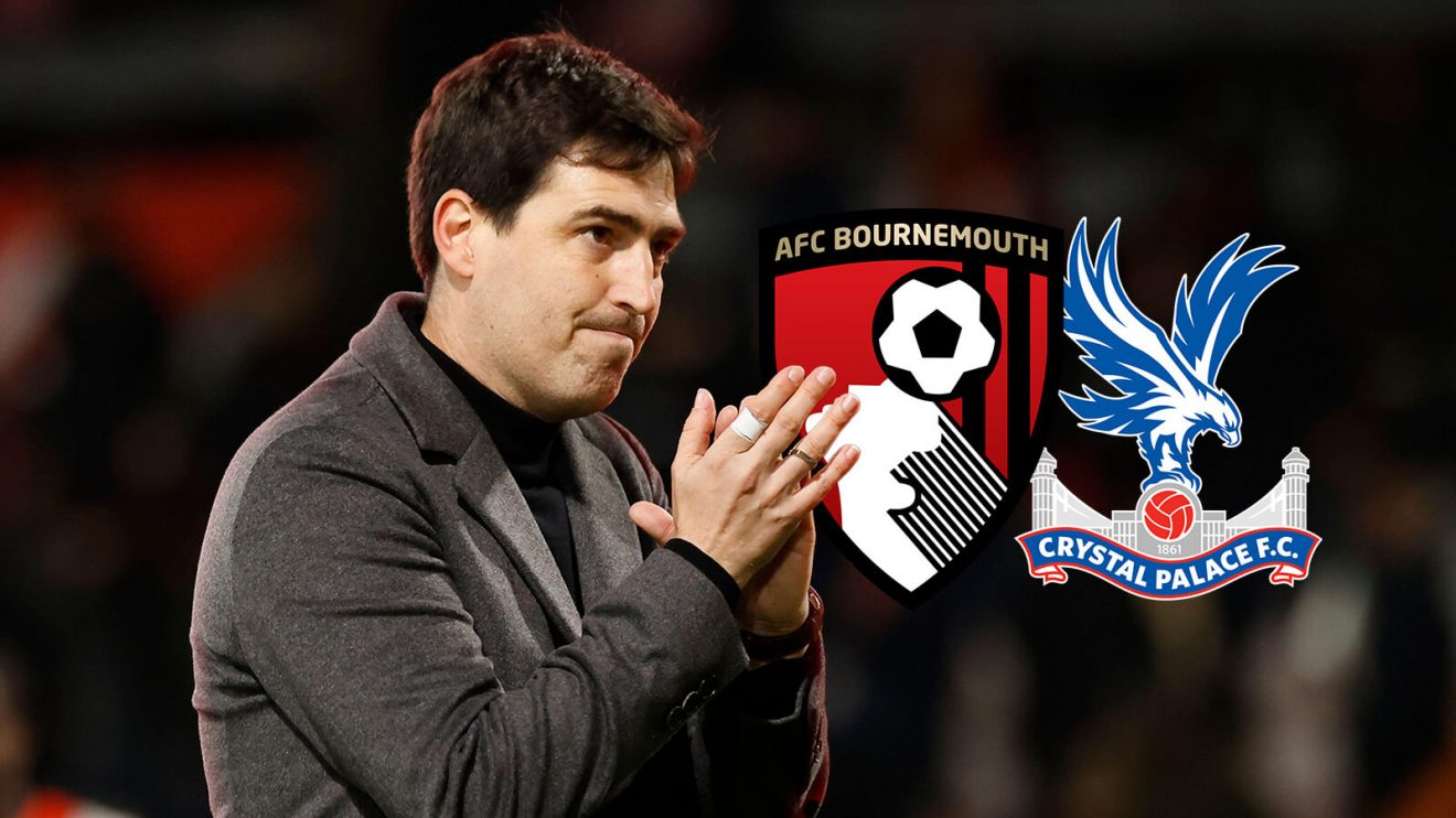 Andoni Iraola with Bournemouth and Crystal Palace badges