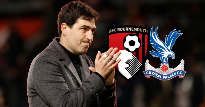 Andoni Iraola with Bournemouth and Crystal Palace badges