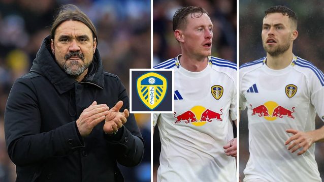 Leeds manager Daniel Farke, alongside summer signings Sean Longstaff and Gabriel Gudmundsson and the Leeds United cliub crest