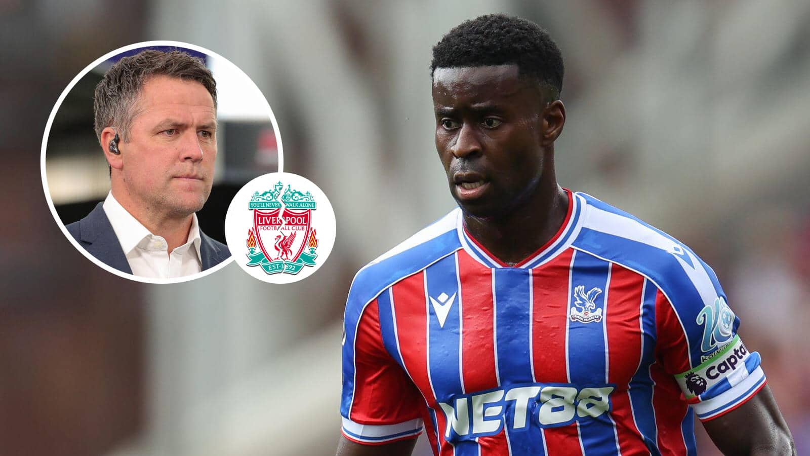Crystal Palace captain Marc Guehi and, inset, pundit Michael Owen alongside a cracked Liverpool FC club crest