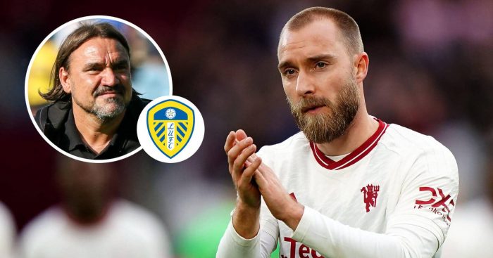 Former Man Utd midfielder Christian Eriksen and, inset, Leeds manager Daniel Farke alongside the club crest