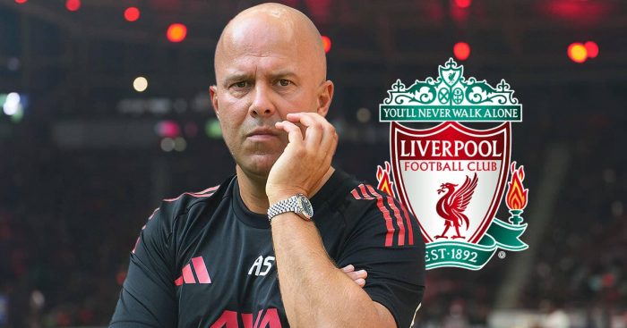 Arne Slot next to the Liverpool badge - copyright TEAMtalk