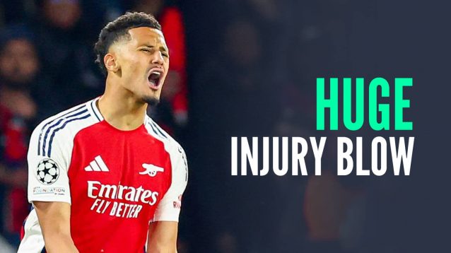 Arsenal defender William Saliba next to the words 'Huge injury blow'