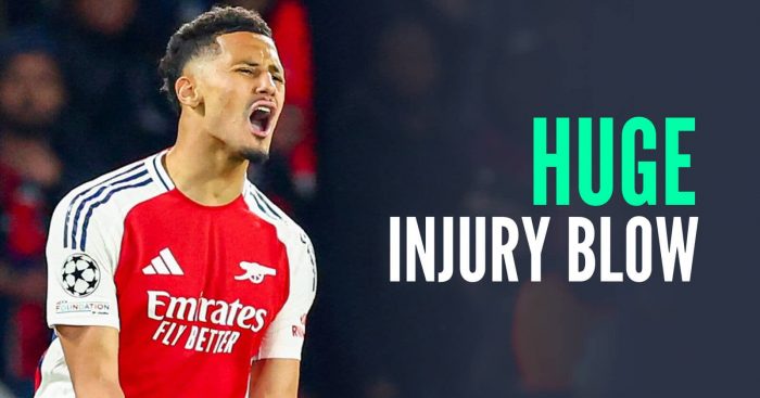 Arsenal defender William Saliba next to the words 'Huge injury blow'