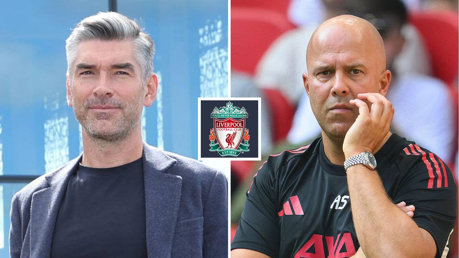Split image of Richard Hughes and Arne Slot with the Liverpool badge between them - copyright TEAMtalk