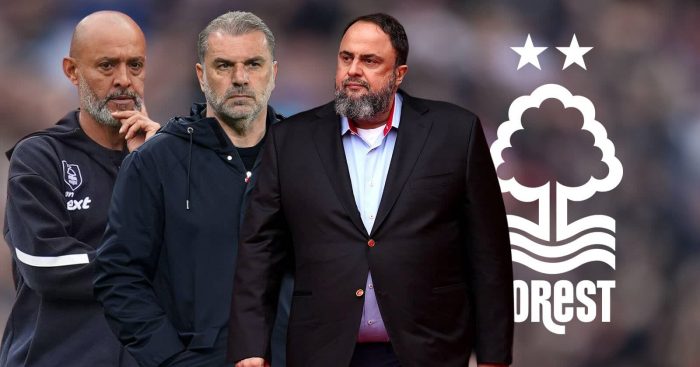 Nuno Espirito Santo, Evangelos Marinakis and Ange Postecoglou alongside the Nottingham Forest badge