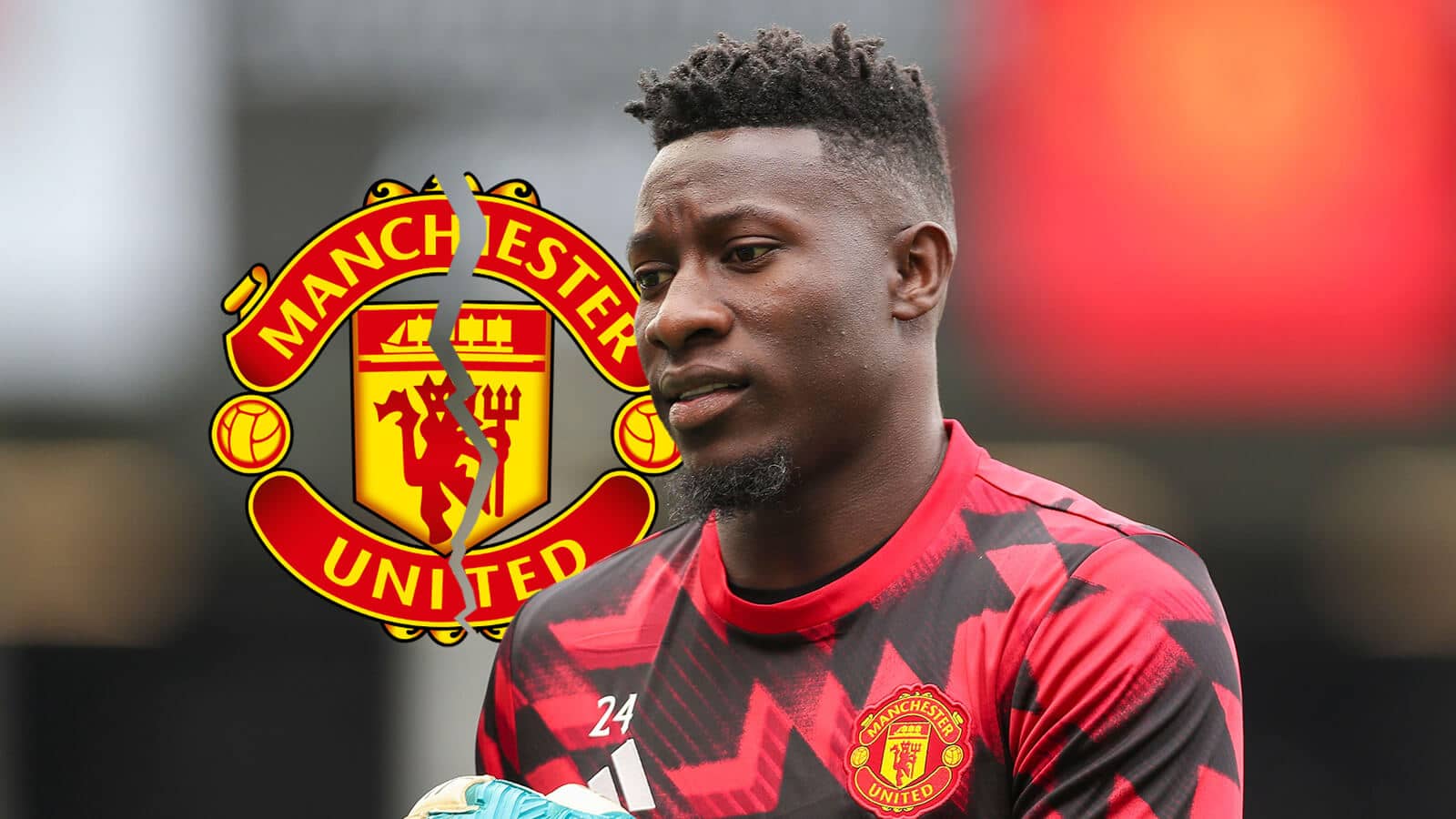 Andre Onana alongside a cracked Manchester United badge