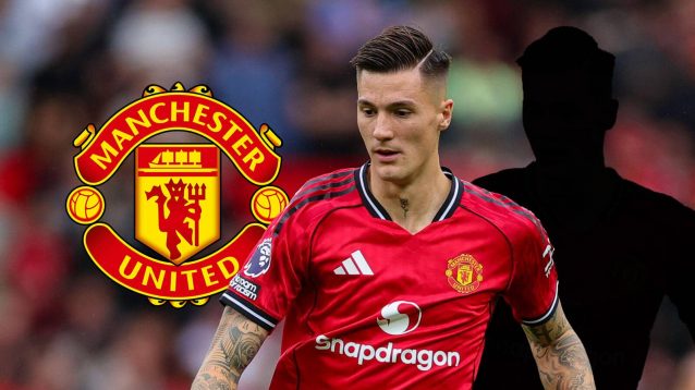 Man Utd badge, Benjamin Sesko and a shadow behind him - copyright TEAMtalk
