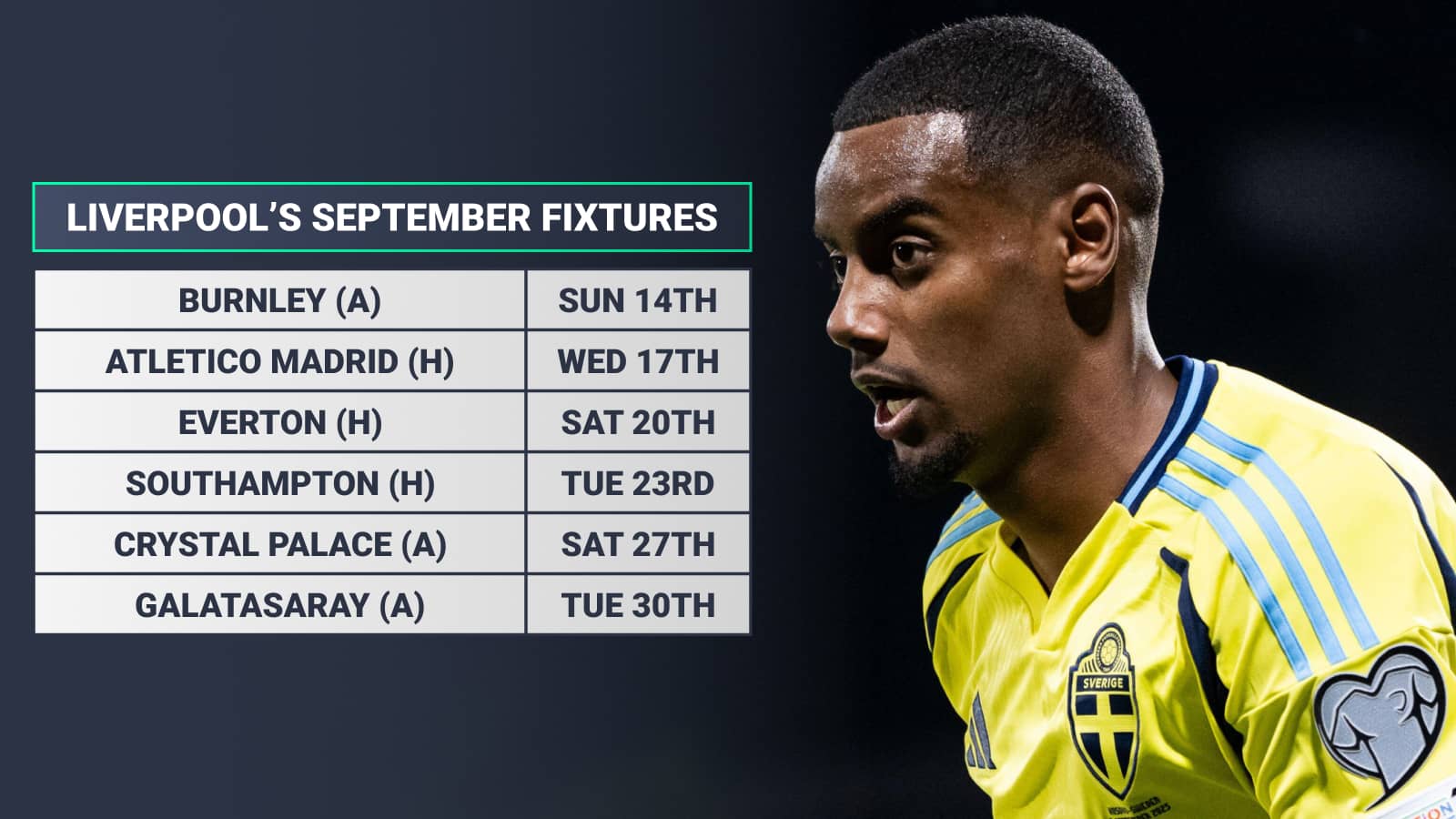 Liverpool September fixtures: Burnley A 14th, Atletico Madrid H 17th, Everton H 20th, Southampton H 23rd, Crystal Palace A 27th, Galatasaray A 30th